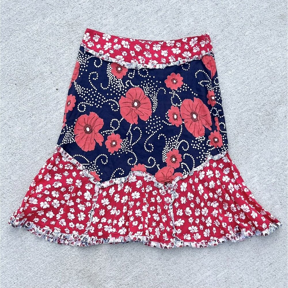 Persaman Floral Red Blue Ruffled Accent Skirt Women's Size 6
